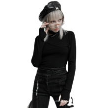 Punk style spring women shirt halter long sleeve embroidery black knit T shirtsOPT-569T ladies clothes wholesale price PUNK RAVE